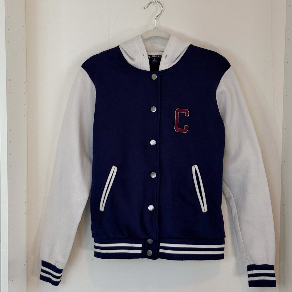 Say What? Navy & White Varsity Hooded Jacket | Button Front | Size S